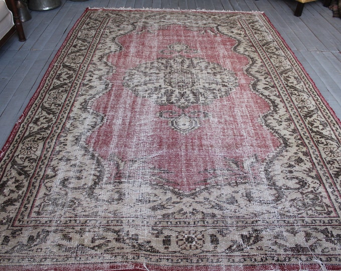 Vintage Rug, Vintage Large OUSHAK Rug,Handwoven, Wool, Turkish Area  Rug FREE, Vintage Pink Rug