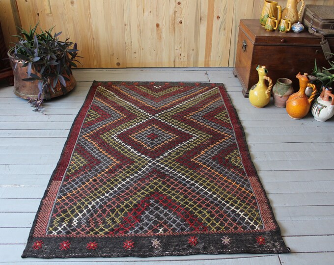 Vintage Turkish Kilim, Handwoven Jijim Kilim, Ethnic Bohemian Wool Kilim Rug 3'7"x5'7" feet FREE SHIPPING