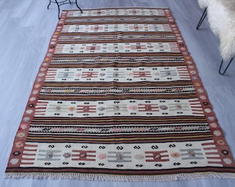 4'4"x7'5" ft Vintage Kilim Rug, Ethnic Area Kilim, Vintage Turkish Kilim,  Anatolian Kilim, Turkish Wool Kilim, Bohemian Kilim Rug