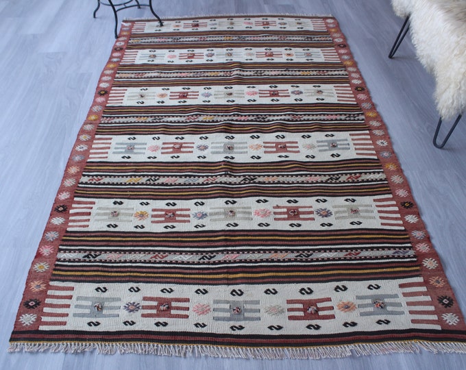 4'4"x7'5" ft Vintage Kilim Rug, Ethnic Area Kilim, Vintage Turkish Kilim,  Anatolian Kilim, Turkish Wool Kilim, Bohemian Kilim Rug