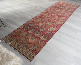 3'x10' ft RUNNER , Vintage  Rug Runner, Vintage Oushak Runner, Turkish Runner, Dark Pink Runner, Classic Design Runner,  Traditional Runner