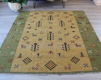 Green Gabbe Rug, Ethnic Rug , Bohemian Rug, Green yellow area rug