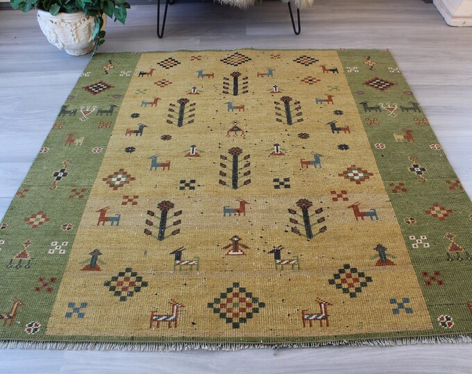 Kids  room rug , Vintage Rug, Green Gabbe Rug, Ethnic Rug , Bohemian Rug, Green yellow area rug