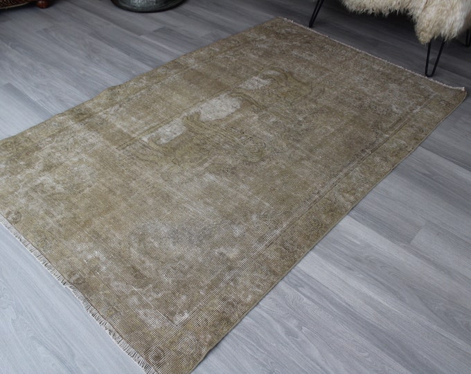 4'3"x6'7" ft   Vintage Rug, Beige  Distressed Rug, Vintage Oushak Rug, Pale Coloured Rug, Low Piled Anatolian Rug