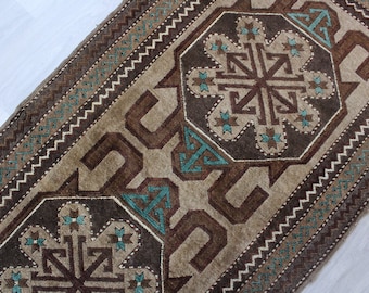 Vintage KARS  RUNNER, Vintage Oushak Runner, Turkish Brown-Beige- Blue  Bohemian Handwoven Wool Rug Runner / B-122 / 3'x9'2" feet