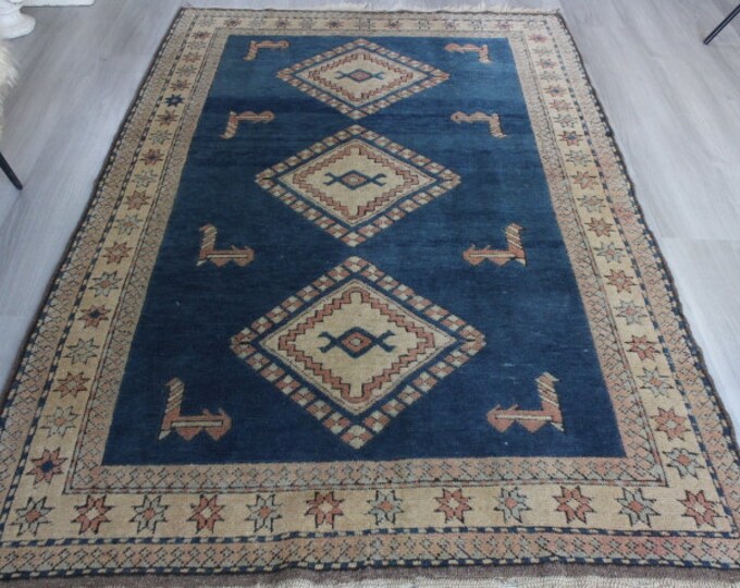 Vintage Blue Rug , Modern Design Blue Rug, Handwoven Anatolian Rug / B-1682 / 4'5"x7'3"