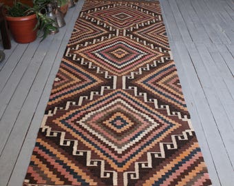 3'x10' Vintage turecki biegacz Kilim, Vintage Boho Kilim biegacz