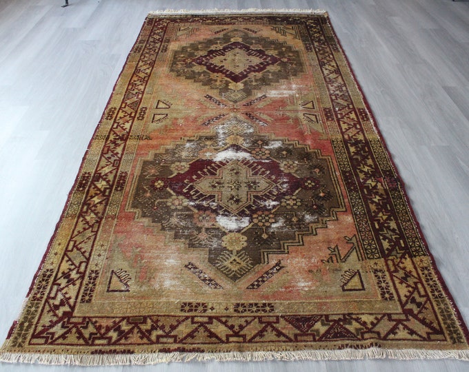 Vintage Rug, Distressed Area Rug, Large Anatolian Rug , Ethnic Turkish Rug , Golden Beige Rug / B-1368 / 4'6"X9'8" feet