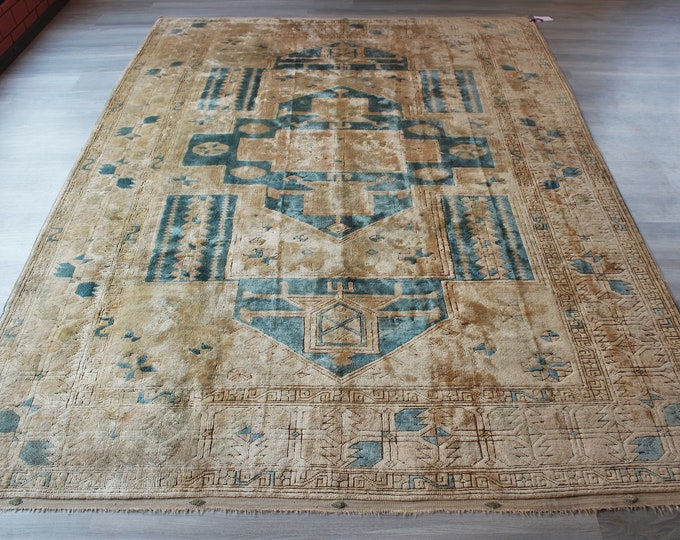 Vintage Rug, Vintage Oushak Rug, Ethnic Oushak Rug, Vintage Beige Rug , Beige-Blue Rug,