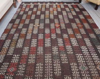 5'8"x 9'2" Area Kilim Rug,Vintage Dark Brown Kilim, Ethnic Bohemian Handwoven Wool Kilim,Turkish Tribal Nomadic Kilim Rug