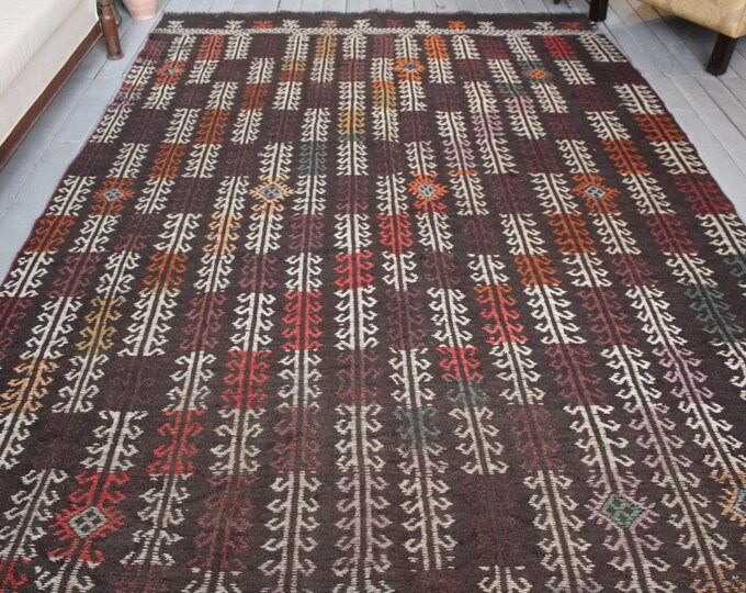 5'8"x 9'2" Area Kilim Rug,Vintage Dark Brown Kilim, Ethnic Bohemian Handwoven Wool Kilim,Turkish Tribal Nomadic Kilim Rug