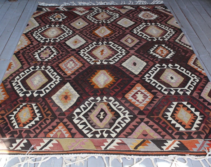 Vintage  Brown Turkish Kilim Rug, Ethnic Bohemian Nomadic handwoven Kilim Rug