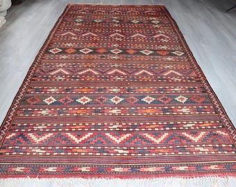 Vintage Kilim , Vintage Turkoman Kilim Rug, Ethnic Red Kilim Rug, Tribal Kilim Rug / K-83 / 5'8"x11'5" ft