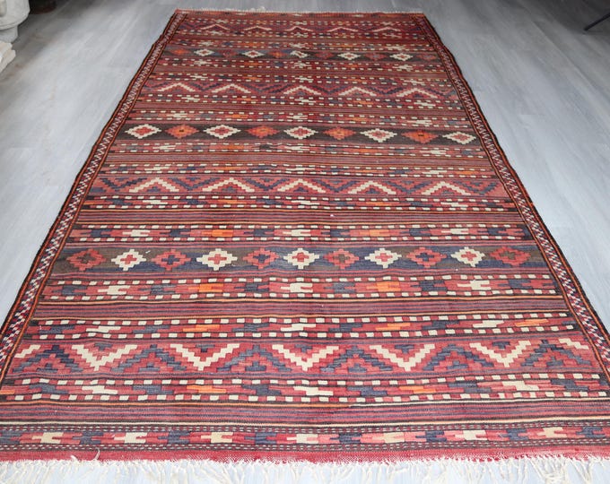 Vintage Kilim , Vintage Turkoman Kilim Rug, Ethnic Red Kilim Rug, Tribal Kilim Rug / K-83 / 5'8"x11'5" ft