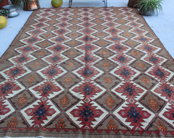 7'2"x12' ft  Vintage Rug, Special Turkish Rug, Kilim Design Rug, Anatolian Rug, Ethnic Area Rug, Large Rug, Large Vintage Rug, Bohemian Rug