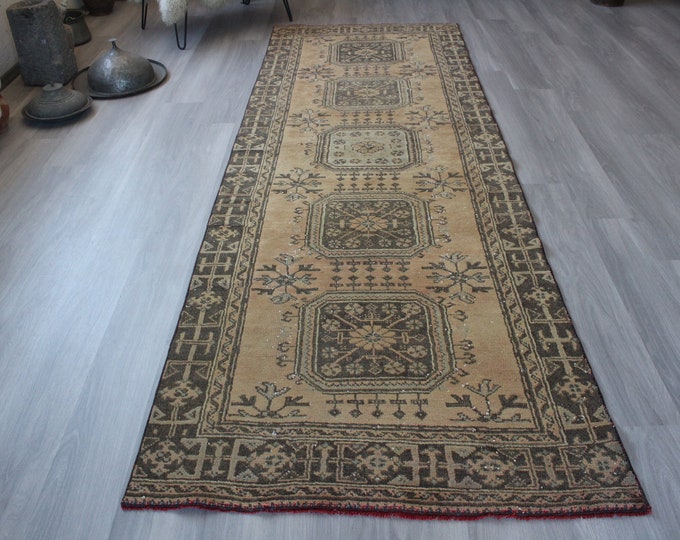 3'9"x11'5"  Vintage Rug Runner, Vintage Anatolian Rug Runner, Ethnic Runner, Turkish Rug Runner, Mute Coloured Runner  / B-1400