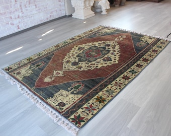 Vintage Wool Rug, Vintage Anatolian Rug, Brown-Blue  Medallion Rug / B-1886 / 7'x4'6''