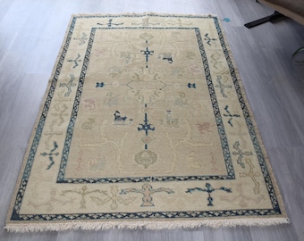 Vintage Blue-Beige Rug , 3'9"x5'7" ft Vintage Oushak Rug / B-751