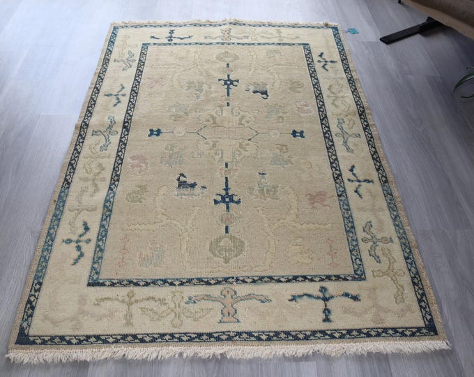 Vintage Blue-Beige Rug , 3'9"x5'7" ft Vintage Oushak Rug / B-751