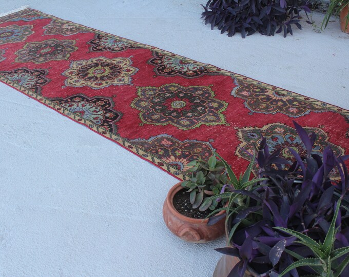 3'6"x13' ft Vintage Rug Runner, Anatolian Rug Runner, Red Rug Runner, Bohemian Rug Runner, Decorative Runner, Handwoven Rug Runner