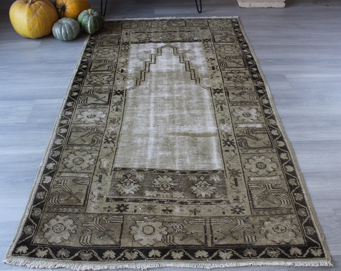 3'x8" x 6'7" Small Vintage Rug, Small Anatolian Rug, Beige-Brown Rug, Pale Coloured Rug, Mute Rug , Vintage Prayer Design Rug / B-1309