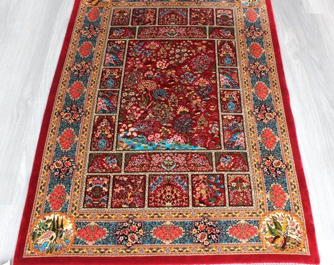Red Silk Rug, Oriental Silk Rug, Red Silk Rug with Nature  Design , Silk Tapestry, Silk Wall Hanging / B-1768- 1810  / 2'6"x4'