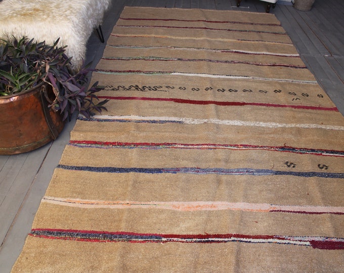 5'3"x11' ft  HEMP Wool Kilim Rug, Natural Wool Kilim, Vintage Beige Kilim, Large Beige Kilim, Large Beige Kilim
