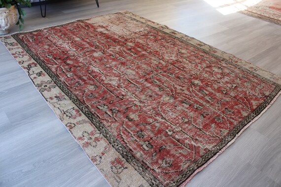 Vintage Red Rug, Distressed Area Rug, Vintage Turkish Rug