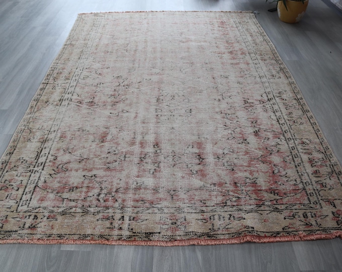 Pale Red  Rug ,6'2"x9'2", Distressed  Low Piled  Oushak Rug / B-713