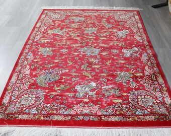 Ottoman Warriors on Horseback, Red Oriental Silk Rug ,3'3''x5' Red Silk Rug / B-1926