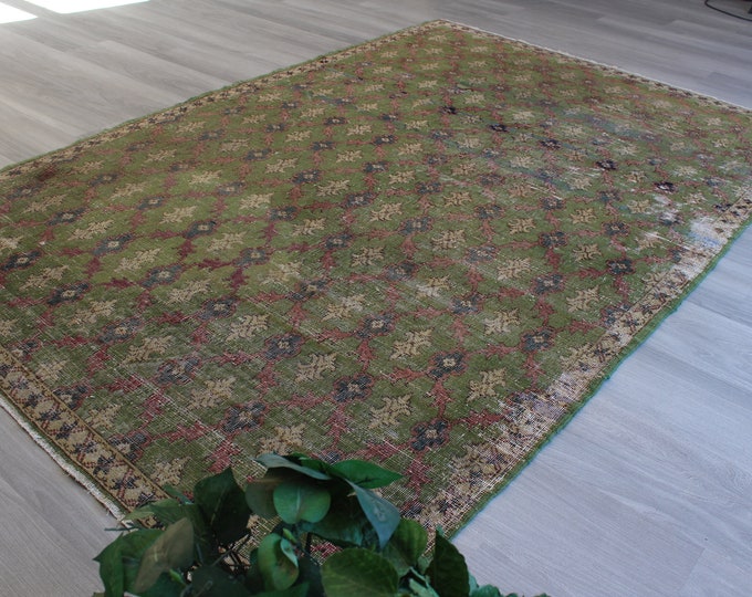 Green-Pink Rug, Vintage Green Rug, Bohemian Rug, vintage turkish rug, large vintage rug, handwoven rug / B-1242 / 5'2"x7'8" feet