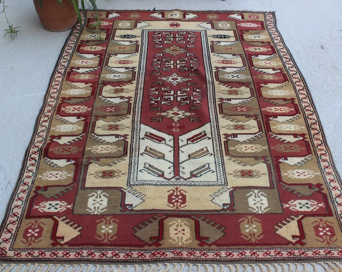 4'2"x6'2" ft  Vintage Rug, Vintage MILAS Rug, Ethnic Anatolian Rug, Terracotta-Beige Bohemian Rug,Decorative Turkish Rug,Vintage Turkish Rug