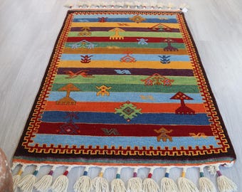Striped Rug , Vintage Anatolian Rug, Bohemian Design Handwoven Wool Rug,Nursery Rug, Kids room rug, Floor Rug