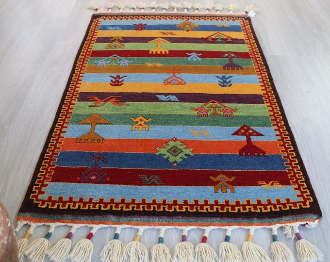 Striped Rug , Vintage Anatolian Rug, Bohemian Design Handwoven Wool Rug,Nursery Rug, Kids room rug, Floor Rug