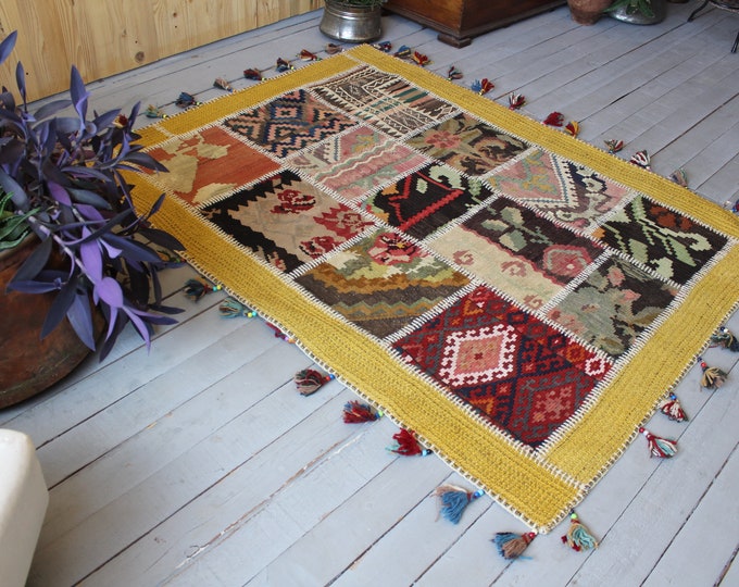 Yellow Kilim Patchwork, Patchwork Kilim, Ethnic Bohemian Vintage Handmade Kilim Rug, Turkish Kilim Rug