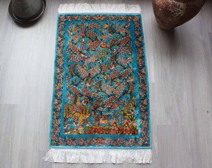 Blue Silk Rug, Nature Design Silk Rug , Silk Rug Tapestry / B-1794 1799 / 2'x3'
