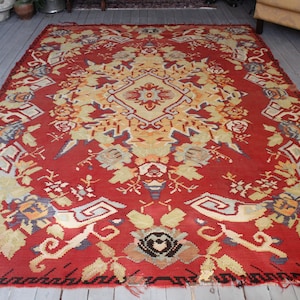6&#39;9&quot;x9&#39;6&quot; feet  Vintage Rose Kilim Rug, Bohemian Ethnic Red Rose kilim,Red Karabagh Kilim