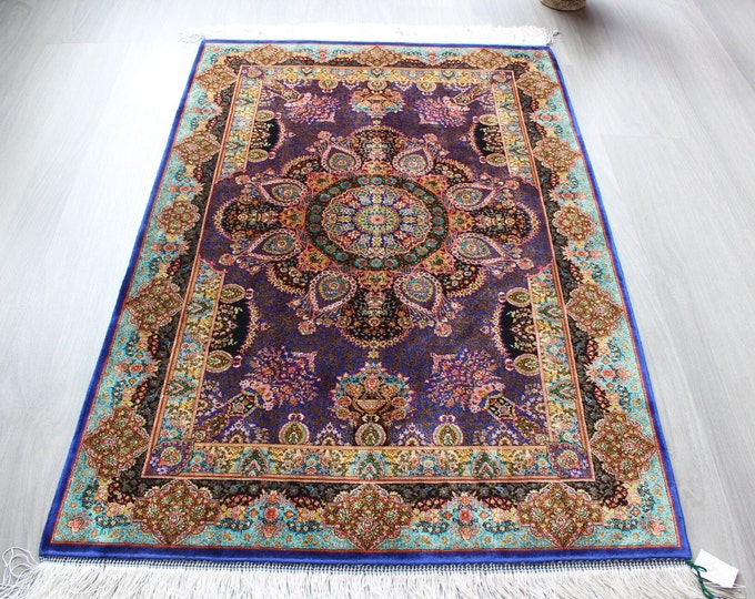 Turkish Silk Rug, 2'6''x4' Purple Silk  Rug, Traditional  Medallion Design Silk Rug /  B- 1813 /  80x120 cm