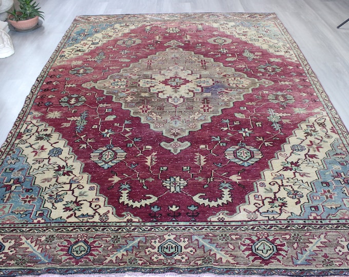 7'X10' Rugs,  Burgundy Medallion Rug, Large Vintage Rug, Large Turkish Rug, Vintage Area Rug / B-1691 / 7'x10'1'