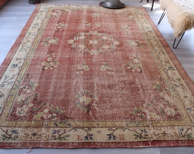 6'7"x10' ft Vintage Rug, Vintage Oushak Rug, Large Rug, Vintage Turkish Rug, Vintage Floral Rug, Low Piled Area Rug