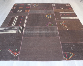 Brown Patchwork Rug, Ethnic Patchwork Kilim , Brown Bohemian Kilim Rug / N-1959 / 6'7''x7'5''