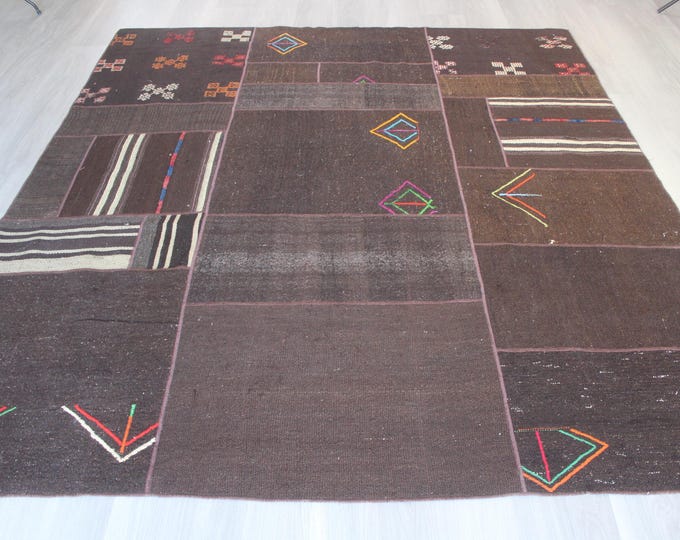 Brown Patchwork Rug, Ethnic Patchwork Kilim , Brown Bohemian Kilim Rug / N-1959 / 6'7''x7'5''
