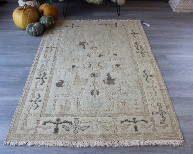 4'2"x6'2" ft , Vintage Beige Rug, Beige Oushak Rug, Turkish Oushak Rug, Small Beige Rug, Ethnic Beige Rug / B-1291