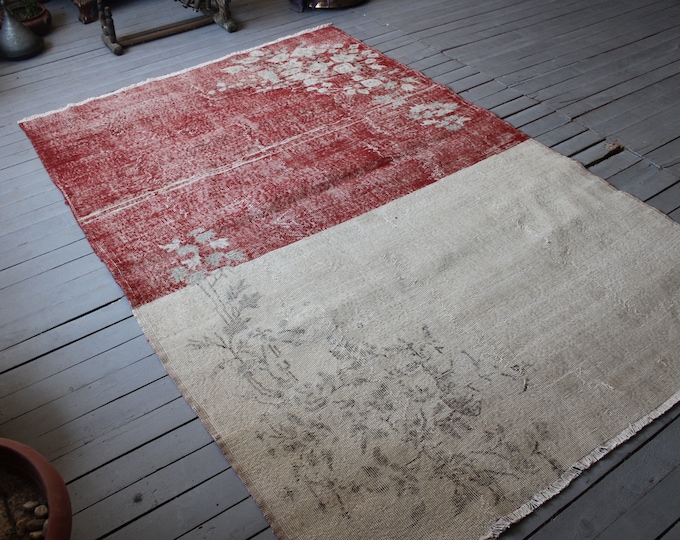 5'7"x8'6" Vintage Distressed OUSHAK Rug, Special Design Oushak Rug, Floral Turkish Anatolian Rug, Vintage Bohemian Rug