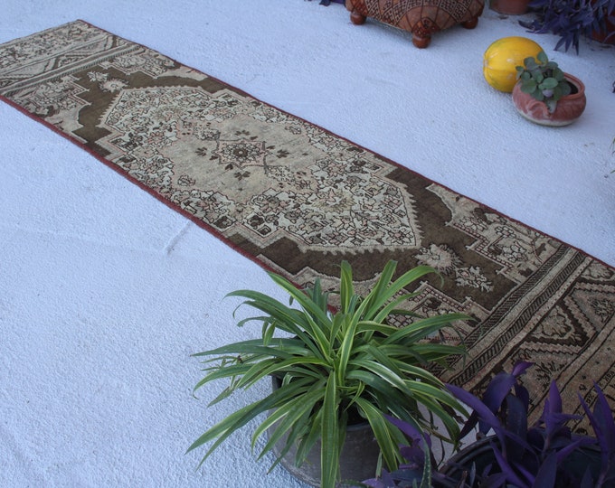 2'4"x10'5" ft RUNNER, Vintage Rug Runner, Oushak Rug Runner, Brown-Beige Rug Runner, Anatolian Rug Runner, Turkish Rug Runner