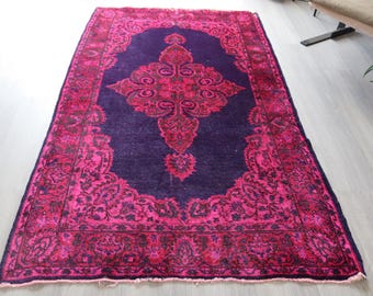 Avangard Pink- Deep Blue Rug, Pink Medallion Rug , Oriental Pink Wool Rug / B-251