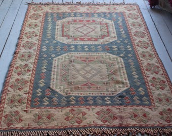 Vintage Tribal Sumak Kilim,Pale Blue Kilim rug,Ethnic Kilim,Bohemian Kilim,Home decoration