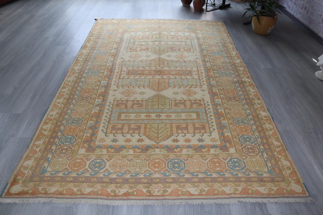 Peachy Rustic Rug Vintage Oushak Rug, Mint, Cream, Blue, Olive Green, Peachy Pink Rug ...