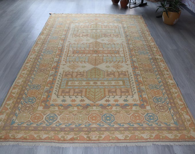 Vintage Oushak Rug, Mint, Cream, Blue, Olive Green, Peachy Pink Rug, Mute Colored Anatolian Rug / B-1754 / 5'6"x9'