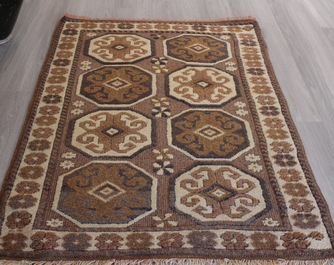 Small Brown Rug, Vintage Natural Wool Rug , Ethnic Small Brown Handwoven Rug / B-1568 / 2'9"x4'